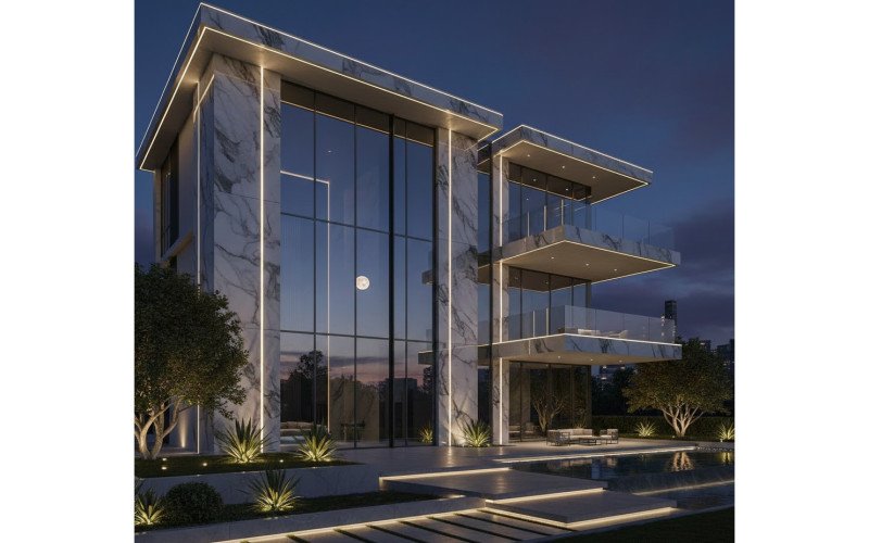 Luxury Contemporary House Elevation Design with Glass Finish